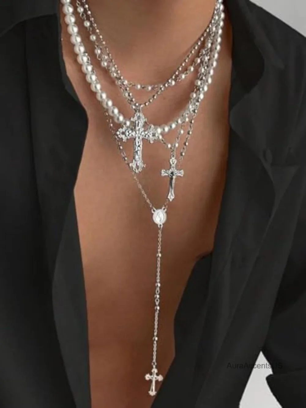 Layered Cross Necklace Set for Unisex Gothic Punk Jewelry with Rhinestone